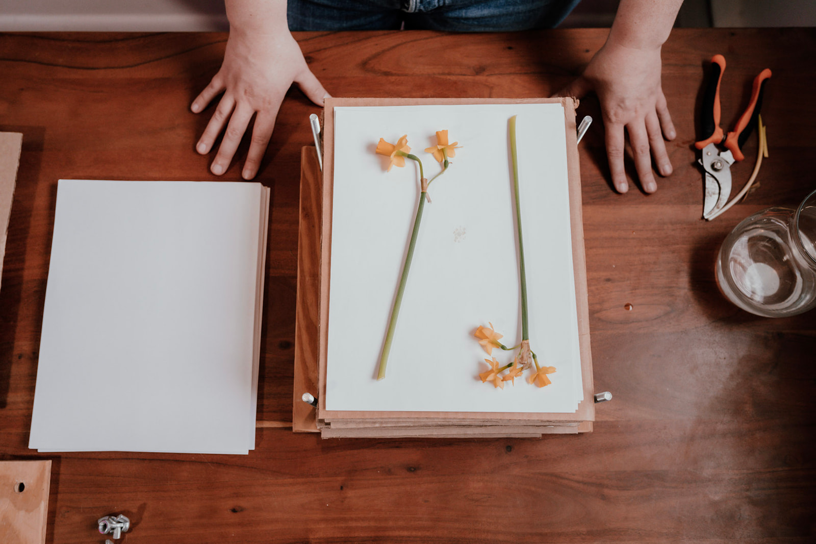 Child's hands on a wooden table with a box of dried flowers, scissors, and a glass of water.