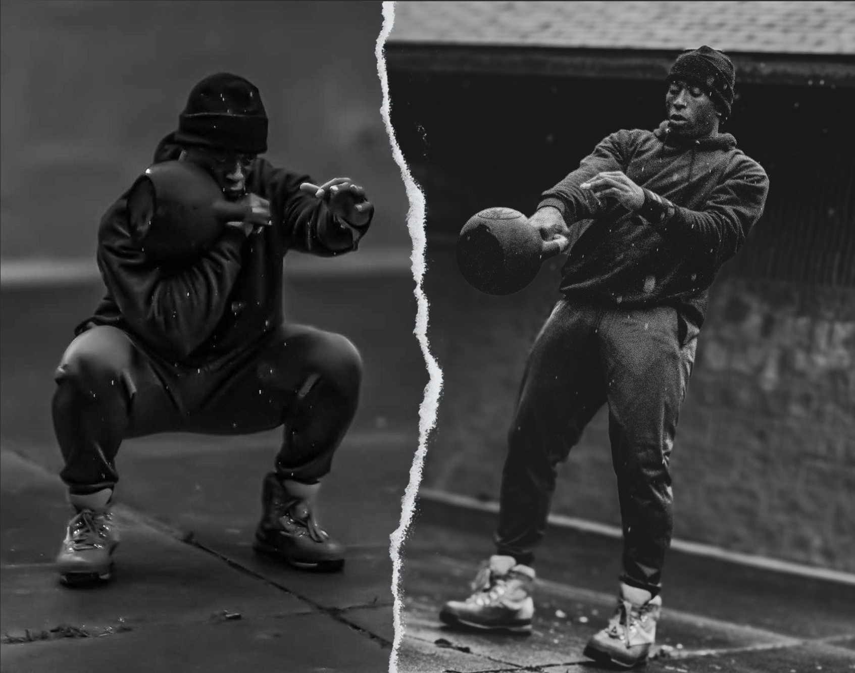 Two athletes, one in a crouching position with gloves, the other holding a ball, in a split scene.