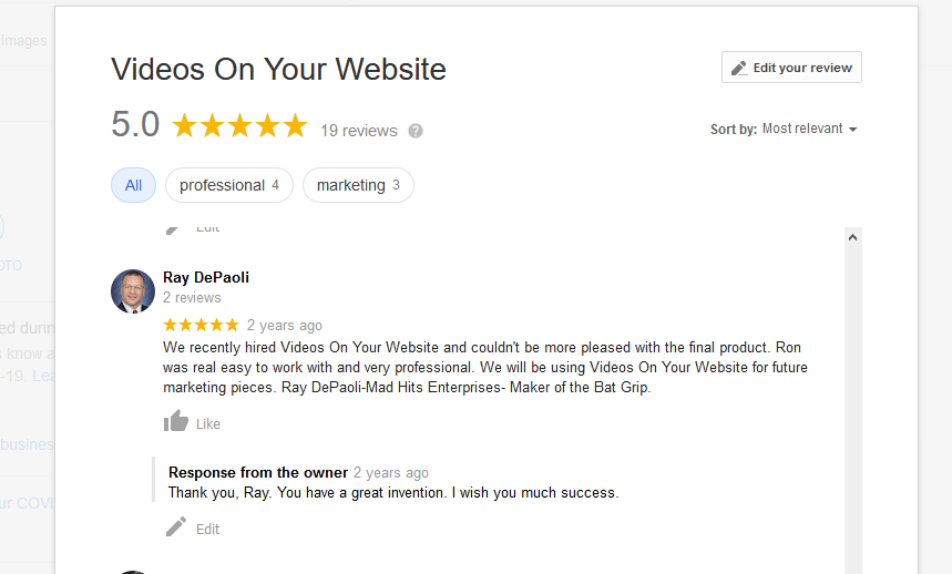 Screenshot of a five-star review for videos on a website, with a comment from Ray DePacal and a response.