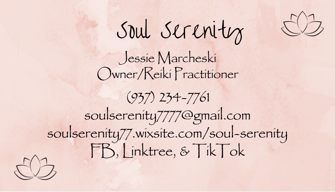 Business card with text and lotus flower illustrations, pink background, contact details for Soul Serenity.
