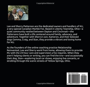Back cover of a book with a small photo of two people and a dog, and text about the authors and book content.