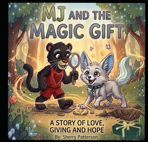 Black cat with a magnifying glass and a gray dog with a scarf in a forest scene, colorful and whimsical.