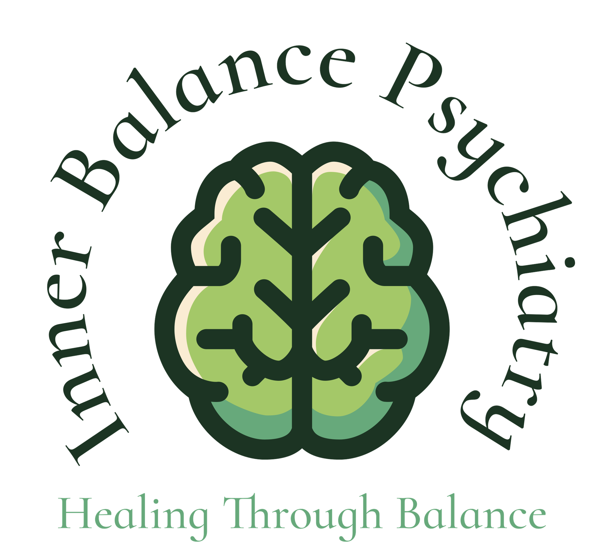 Logo with a green brain icon and text 'Inner Balance Psychology' and 'Healing Through Balance'.