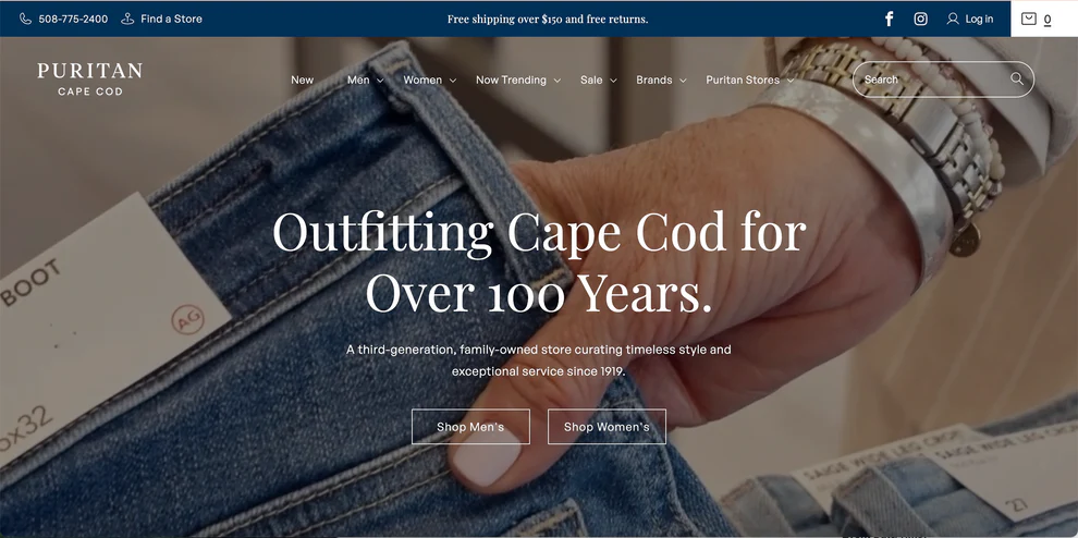 Close-up of a person wearing jeans and a watch, with text about outfitting Cape Cod for over 100 years.
