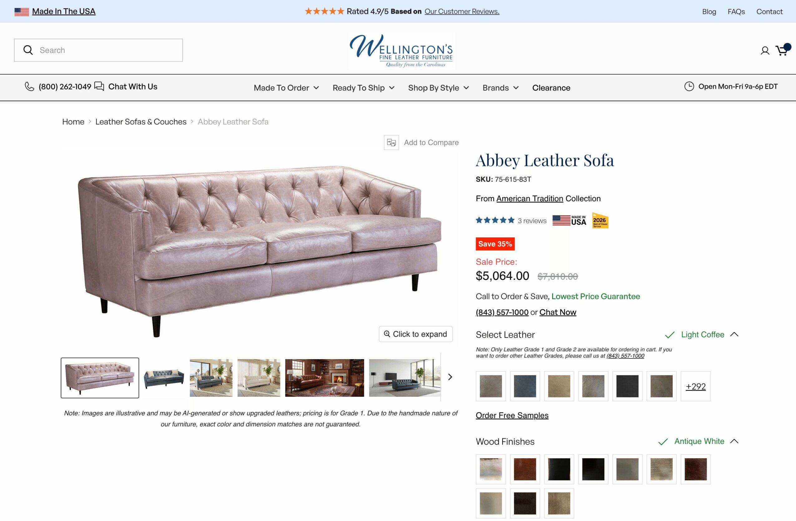 Pink Abbey leather sofa with tufted backrest and wooden legs, displayed on a website page.