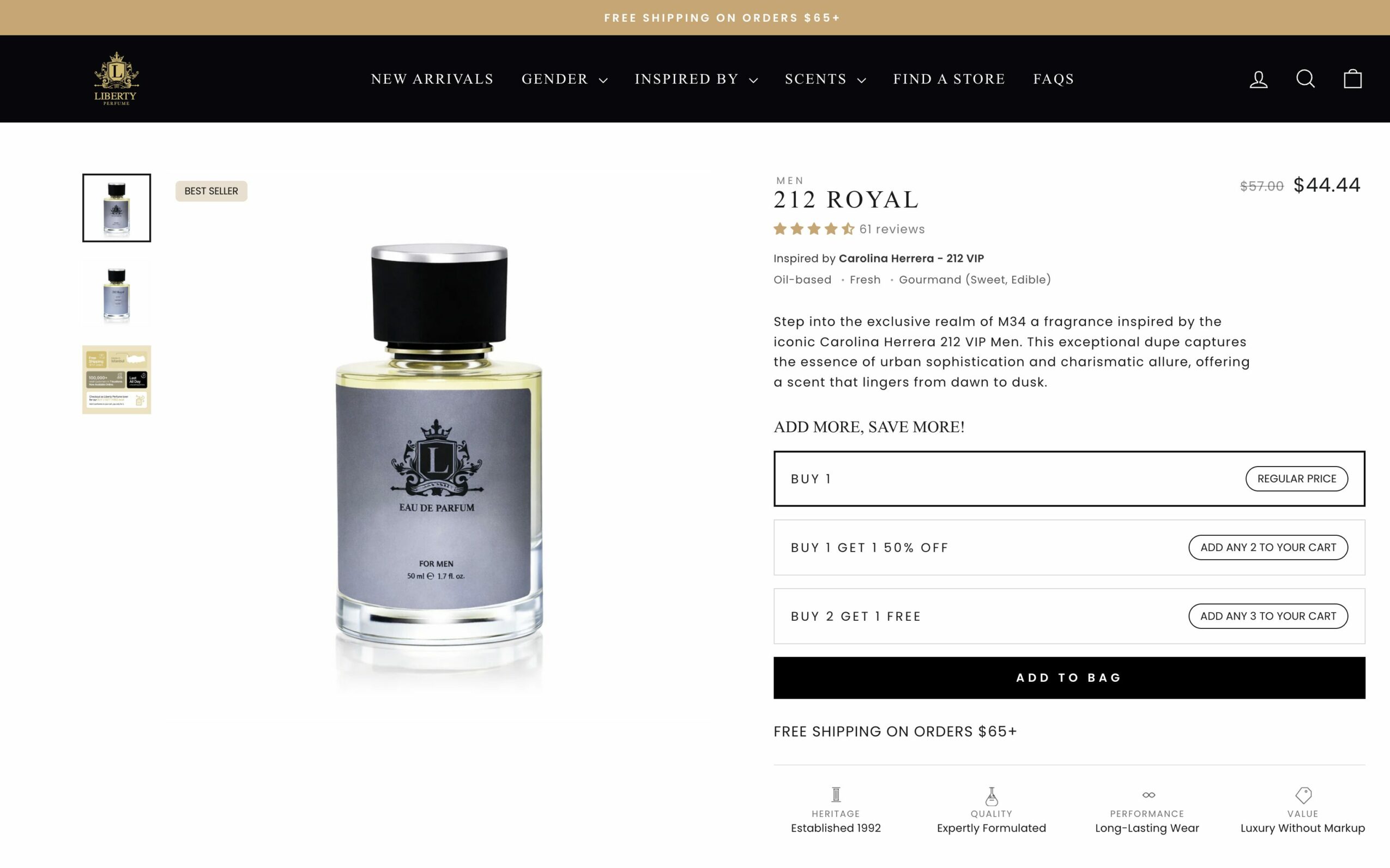 Bottle of 212 Royal perfume with black cap and white label, on a white background.