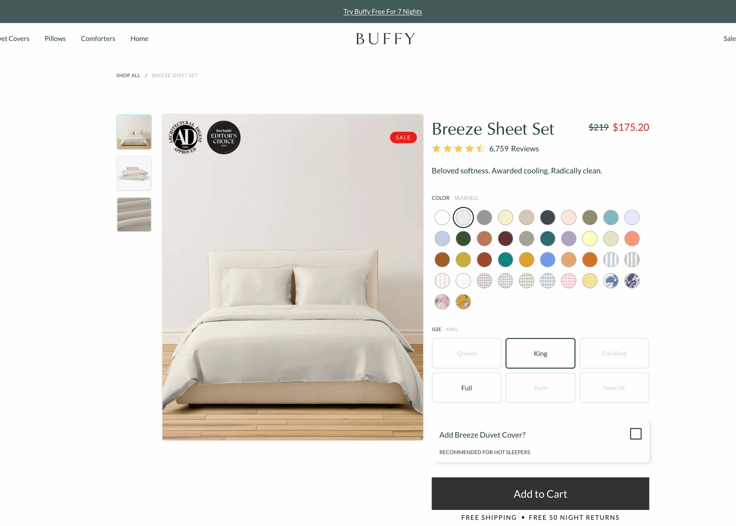 White bed with pillows in a minimal bedroom, color options for bedding set displayed, price and add to cart button visible.