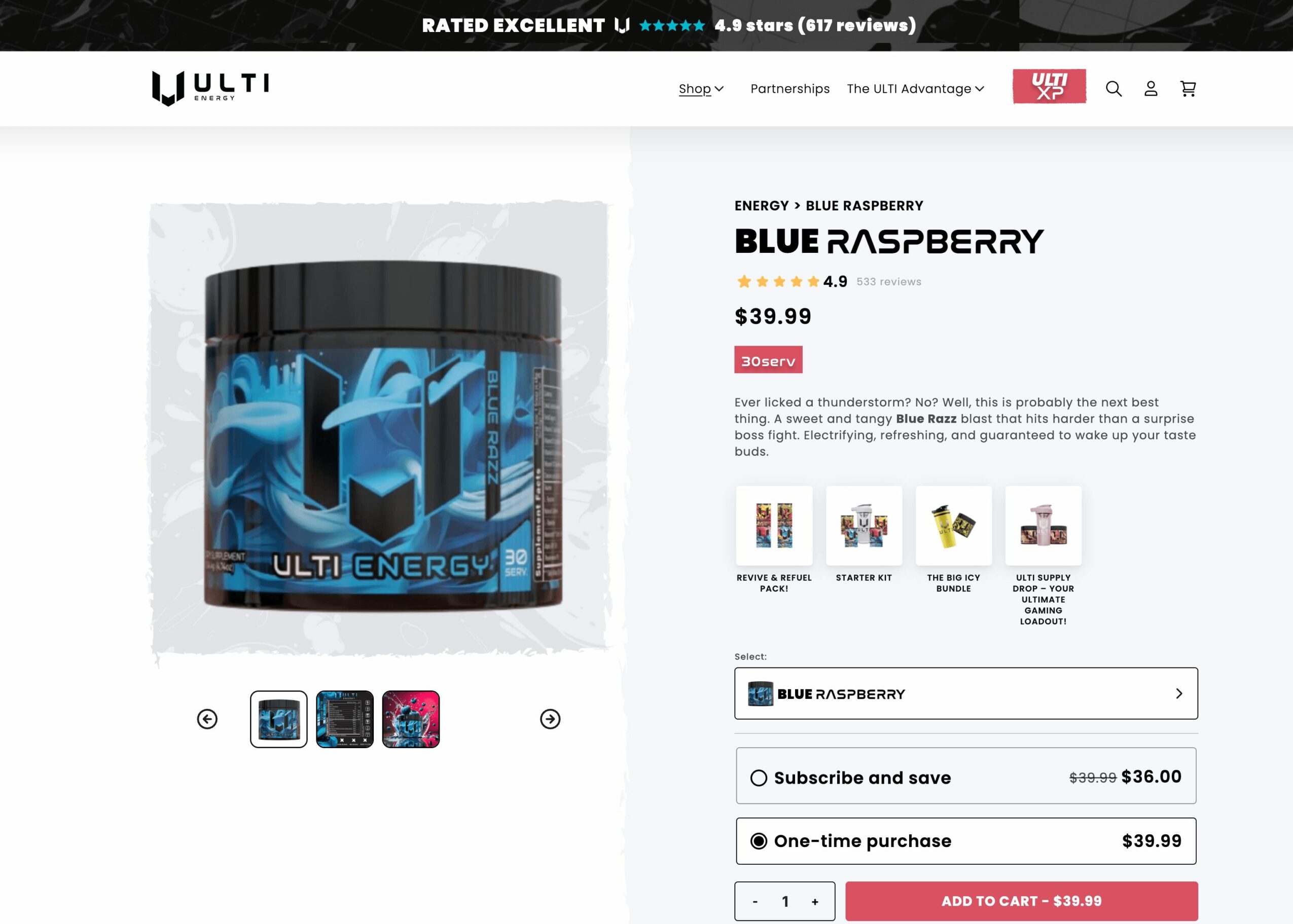 Container of energy supplement with blue raspberry flavor, black lid, and blue graphics, on a white background.