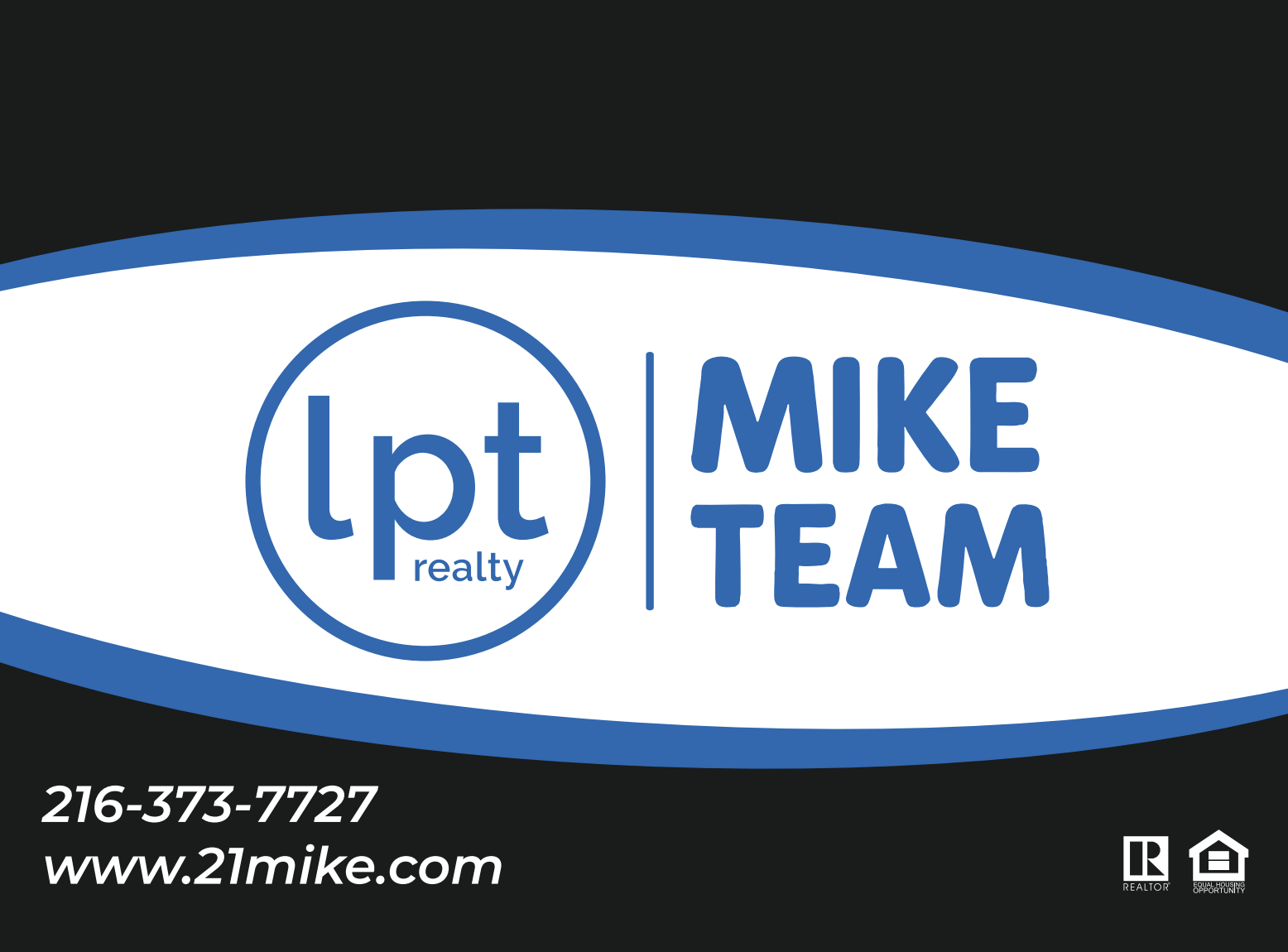 Real estate business card with logo, contact number, website, and name Mike Team, featuring blue and white design.