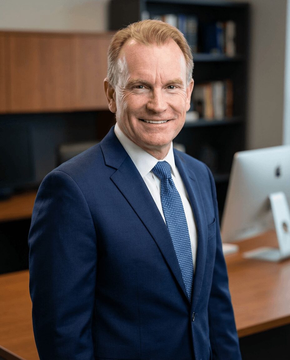 Man in a navy suit and tie smiling in an office with a computer and bookshelf behind him.