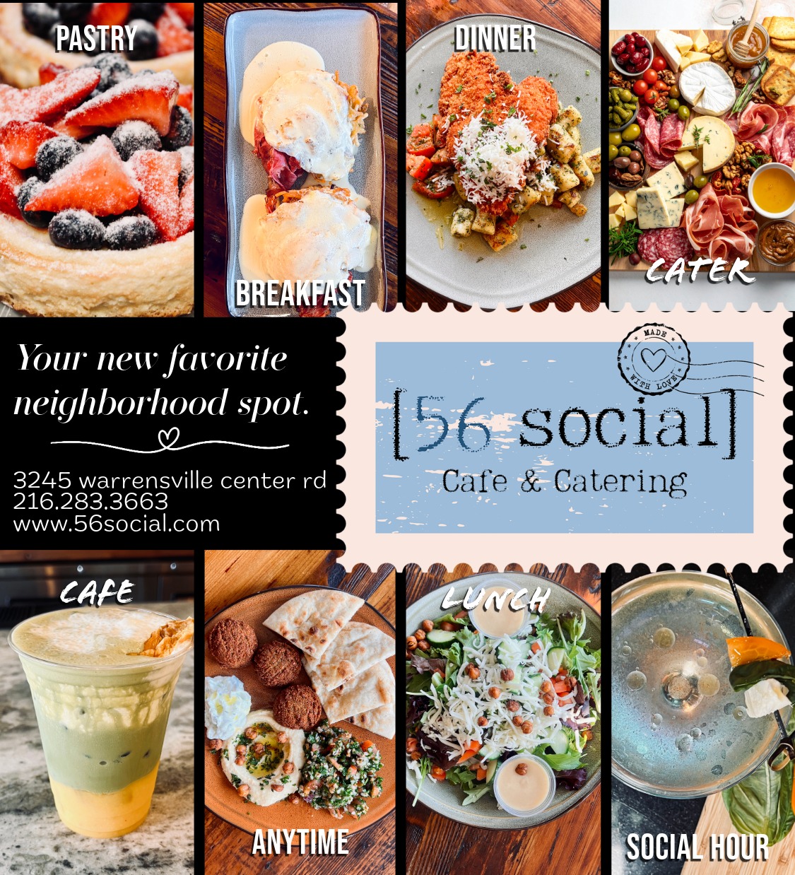 Images of desserts, breakfast, dinner, cake, cafe, lunch, social hour, and a neighborhood spot sign.