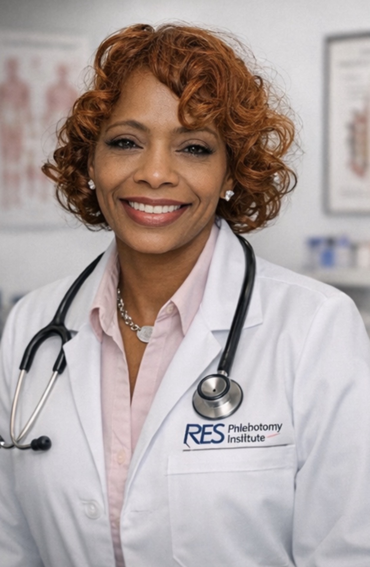 Female doctor with curly red hair smiling, wearing a white coat and stethoscope, in medical office.