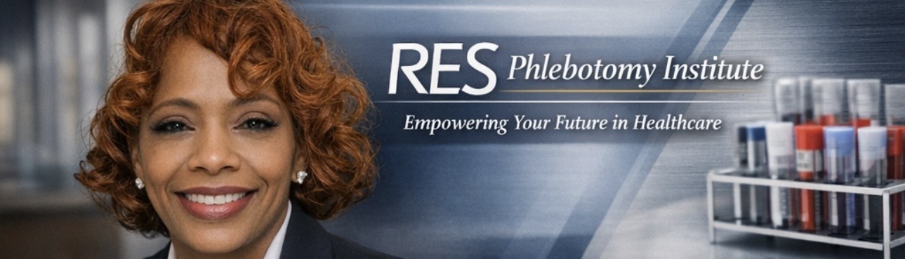 Smiling woman with curly hair in front of a banner for RES Phlebotomy Institute and test tubes.