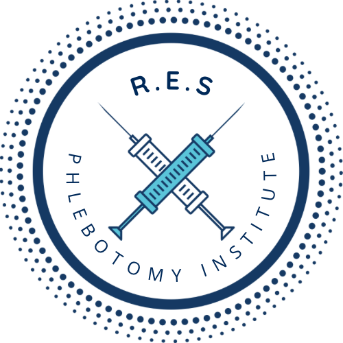 Logo with two syringes crossed, surrounded by text 'R.E.S PHLEBOTOMY INSTITUTE', dotted circle border.