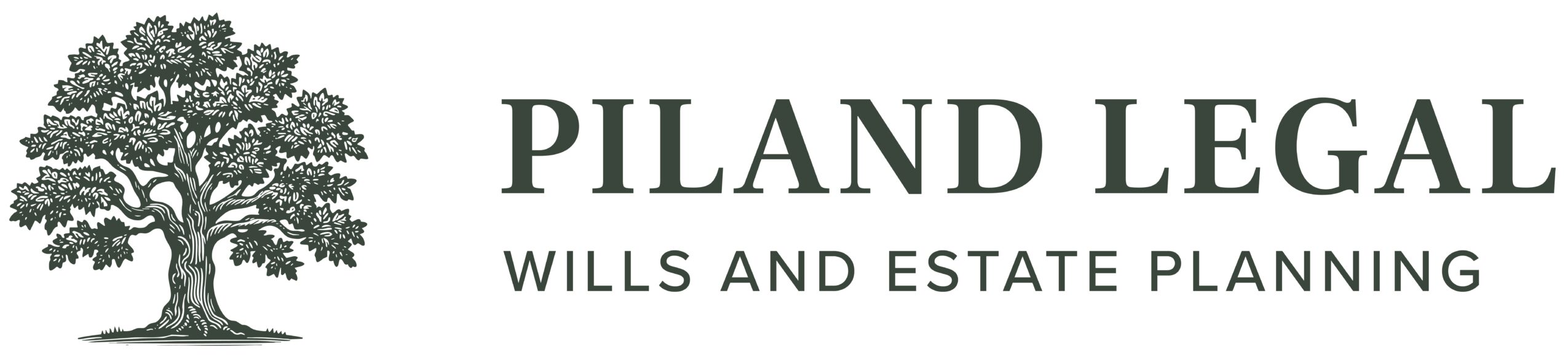 Logo with a tree illustration and text for Piland Legal, wills, and estate planning.