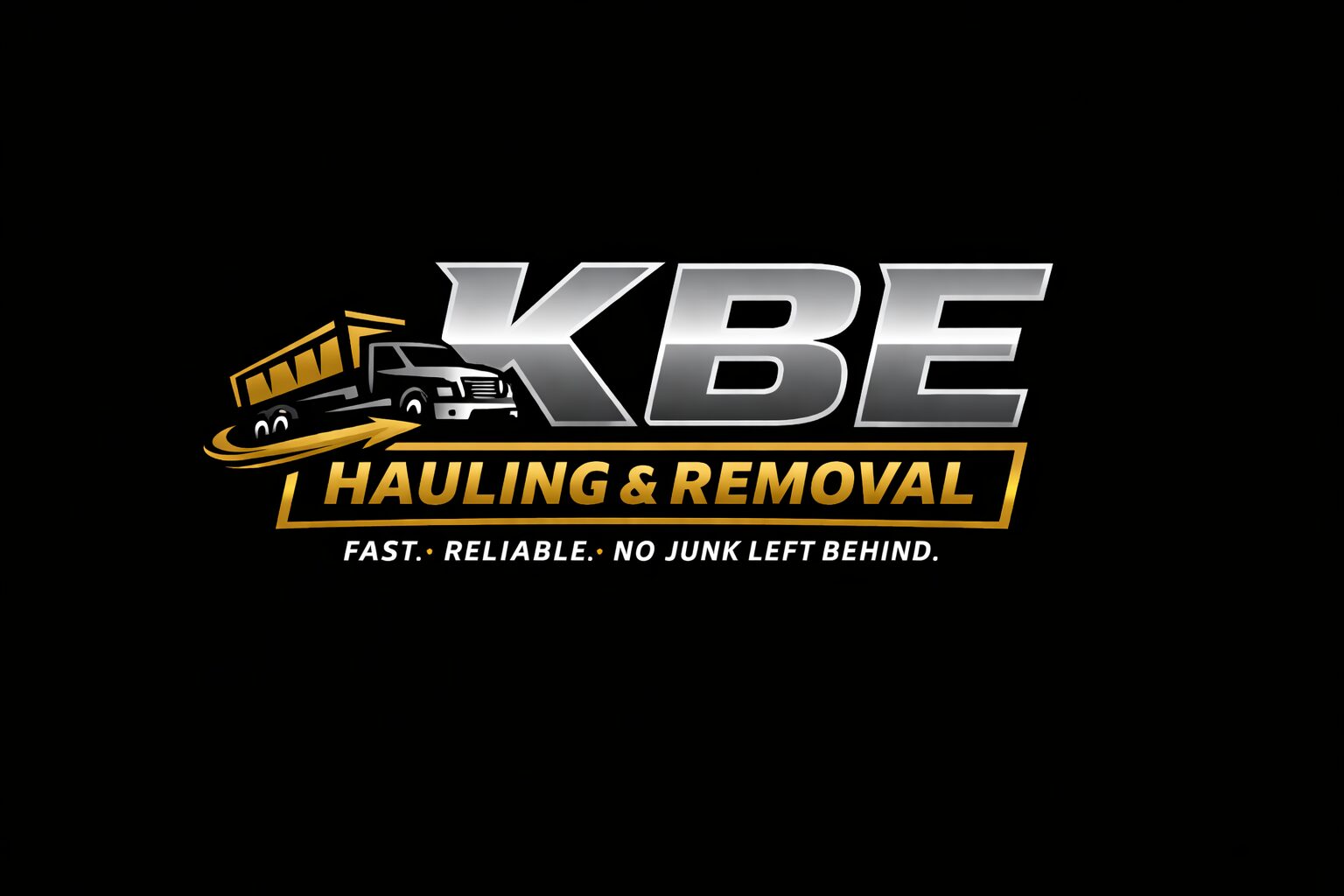 Logo with bold text 'KBE Hauling & Removal' and a truck illustration on black background.
