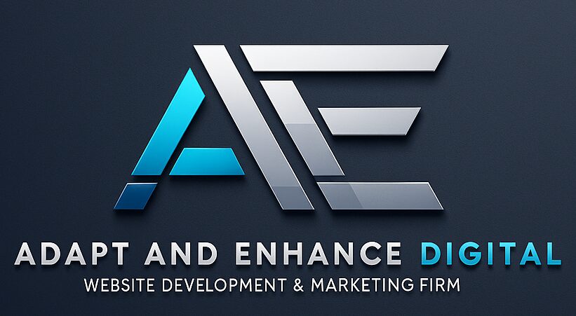 Logo with stylized letters A and E, text reads 'ADAPT AND ENHANCE DIGITAL' and 'WEBSITE DEVELOPMENT & MARKETING FIRM'.