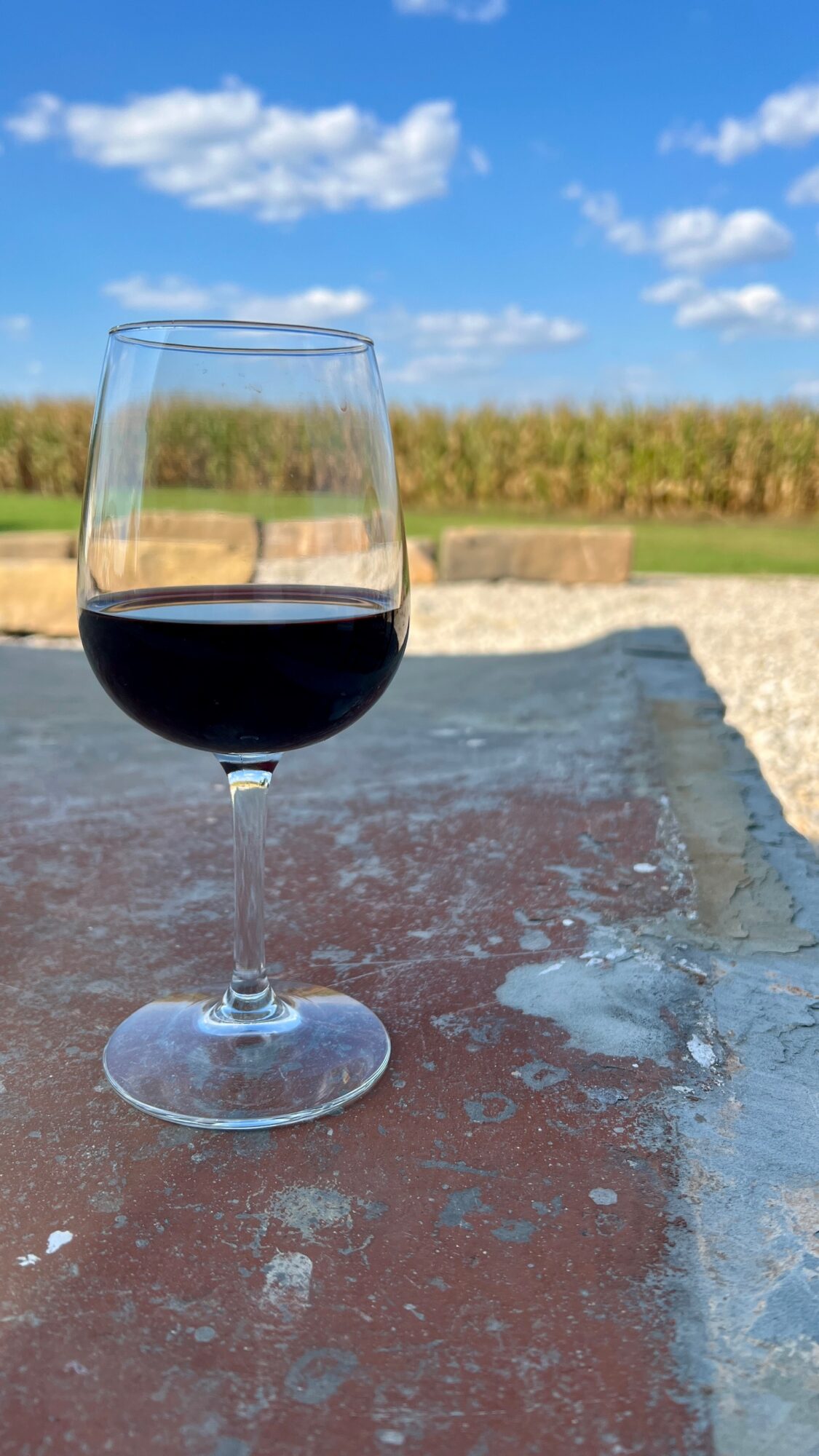 Glass of red wine on a weathered surface outdoors with a field and blue sky in background.