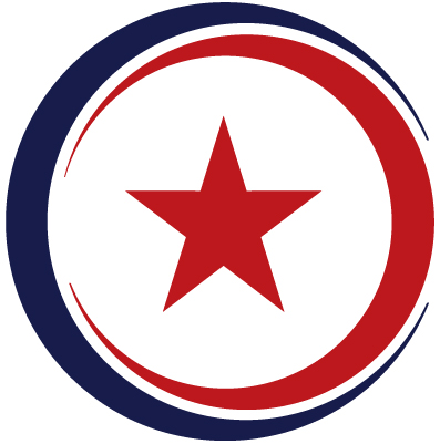 Circular logo with a red star in the center, surrounded by red and blue curved lines.