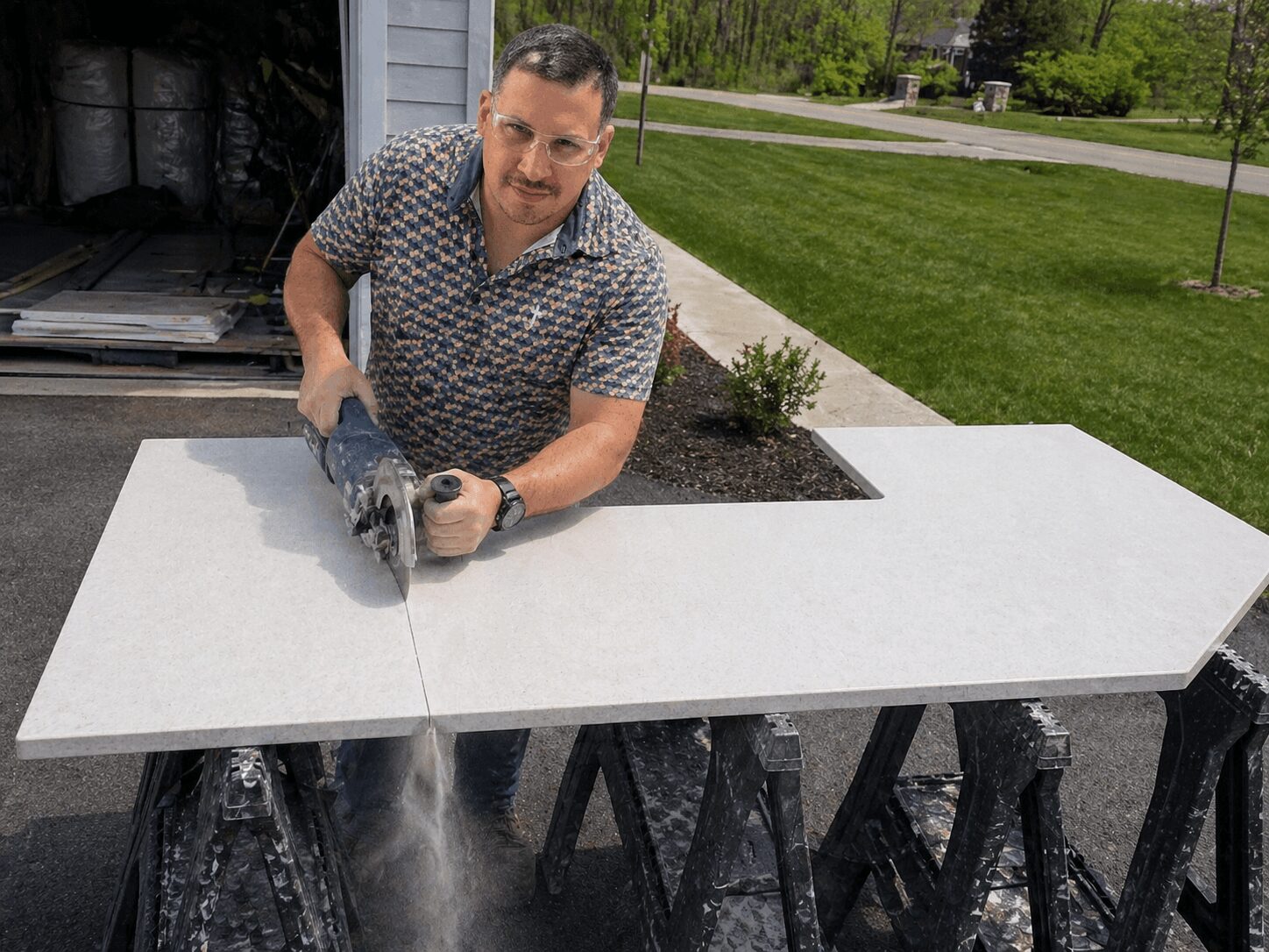 Man cutting a white countertop outdoors with a power saw, on black sawhorses, in a garden setting.