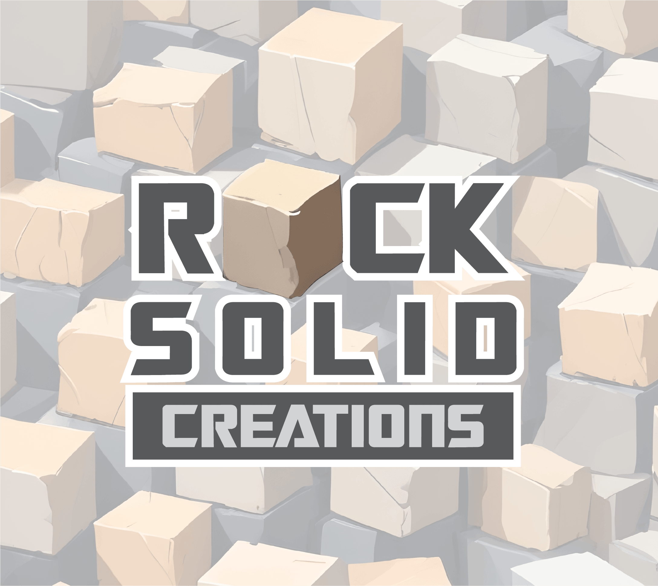 Logo with text 'Rock Solid Creations' over a background of stacked rocks.