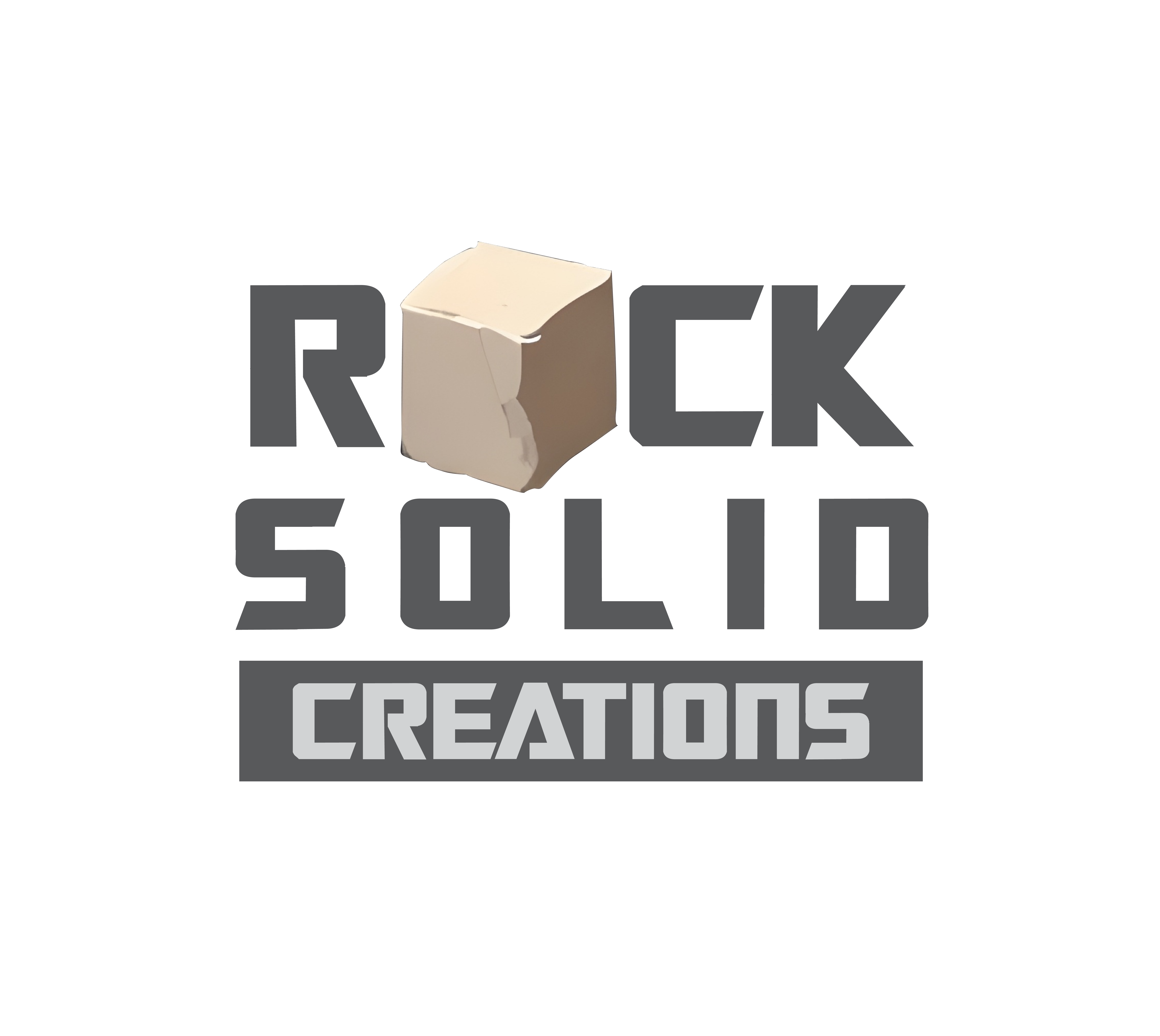 Logo with text 'Rock Solid Creations' and a cube in the center, on a black background.