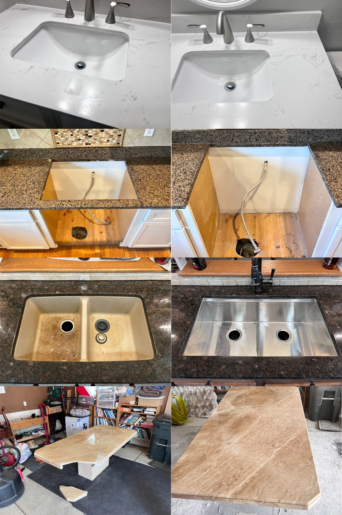 Comparison of bathroom sinks, kitchen sinks, and a table, showing different materials and settings.