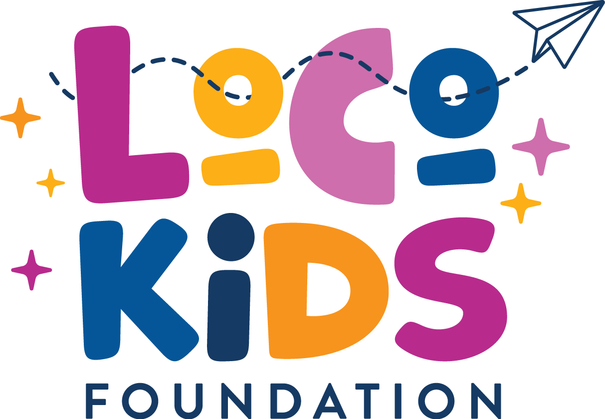 Colorful logo with playful letters spelling 'LOG KIDS FOUNDATION' and decorative stars and paper airplane.