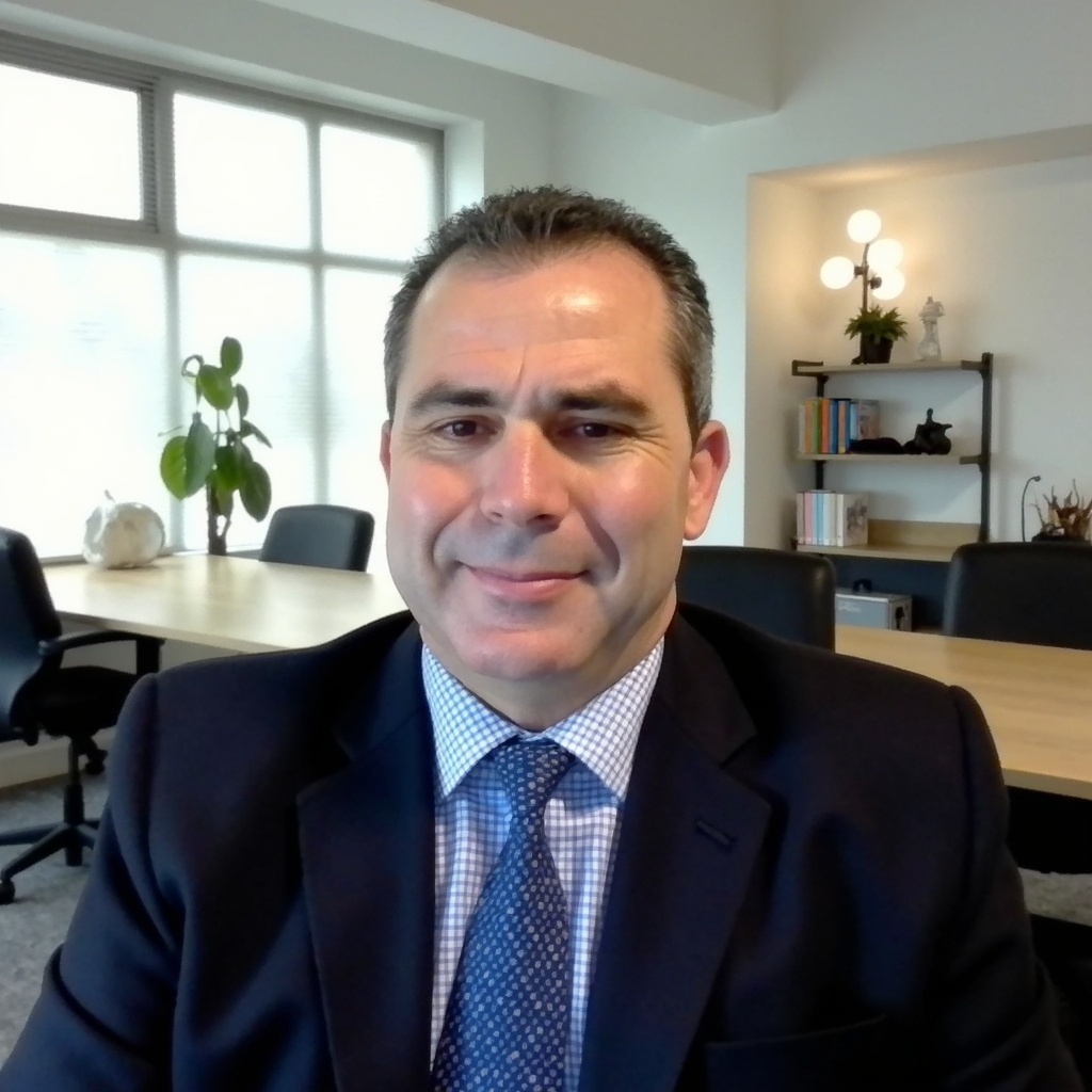 Man in suit and tie sitting in modern office with large window and bookshelf behind him.