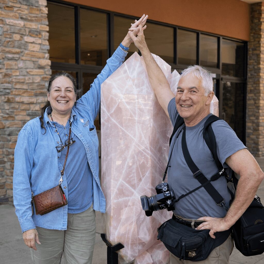 Two smiling people high-five outdoors, one with a camera, in front of a building with large windows and stone wall.