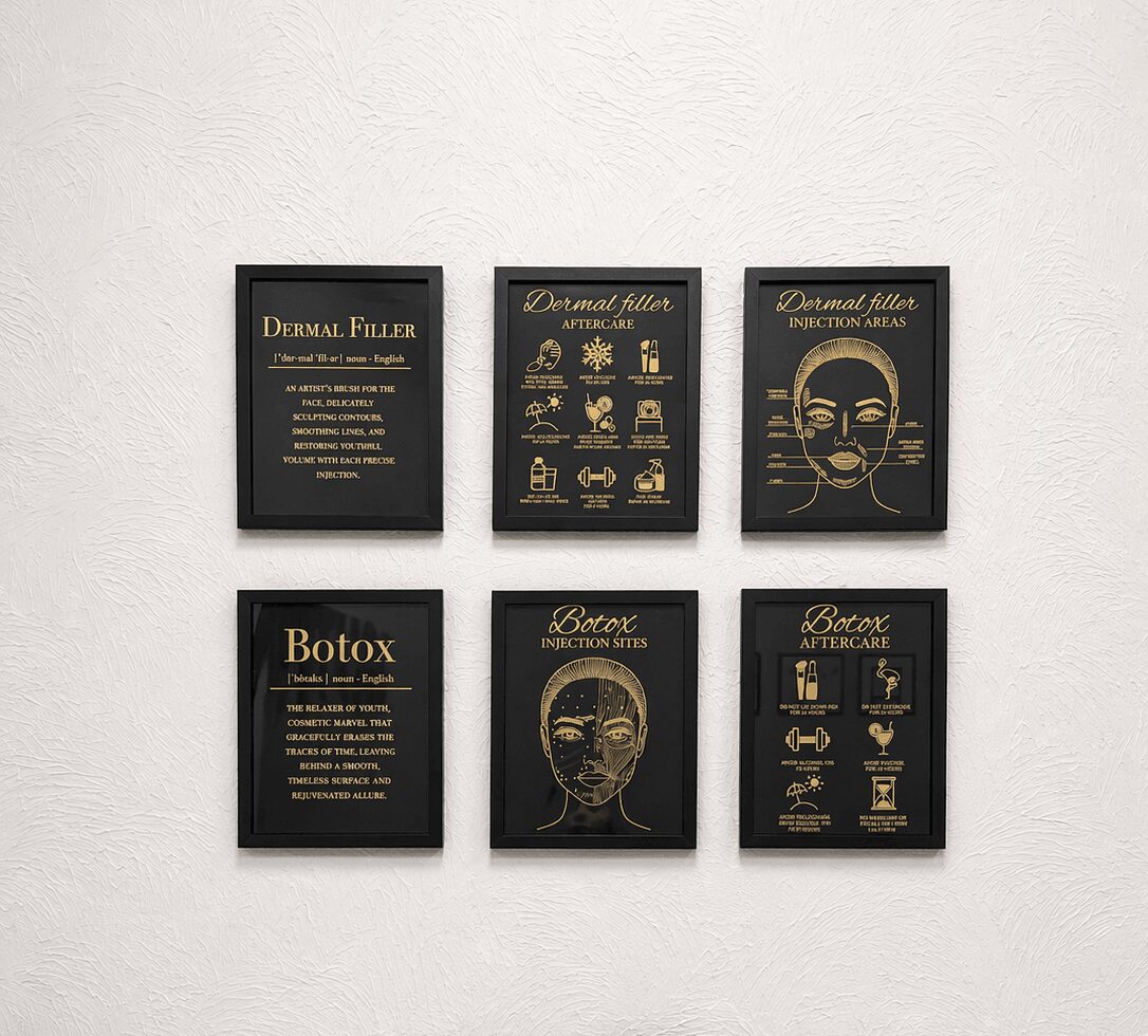 Six framed posters on a white wall, three about dermal fillers and three about Botox treatments, with gold text and illustrations.