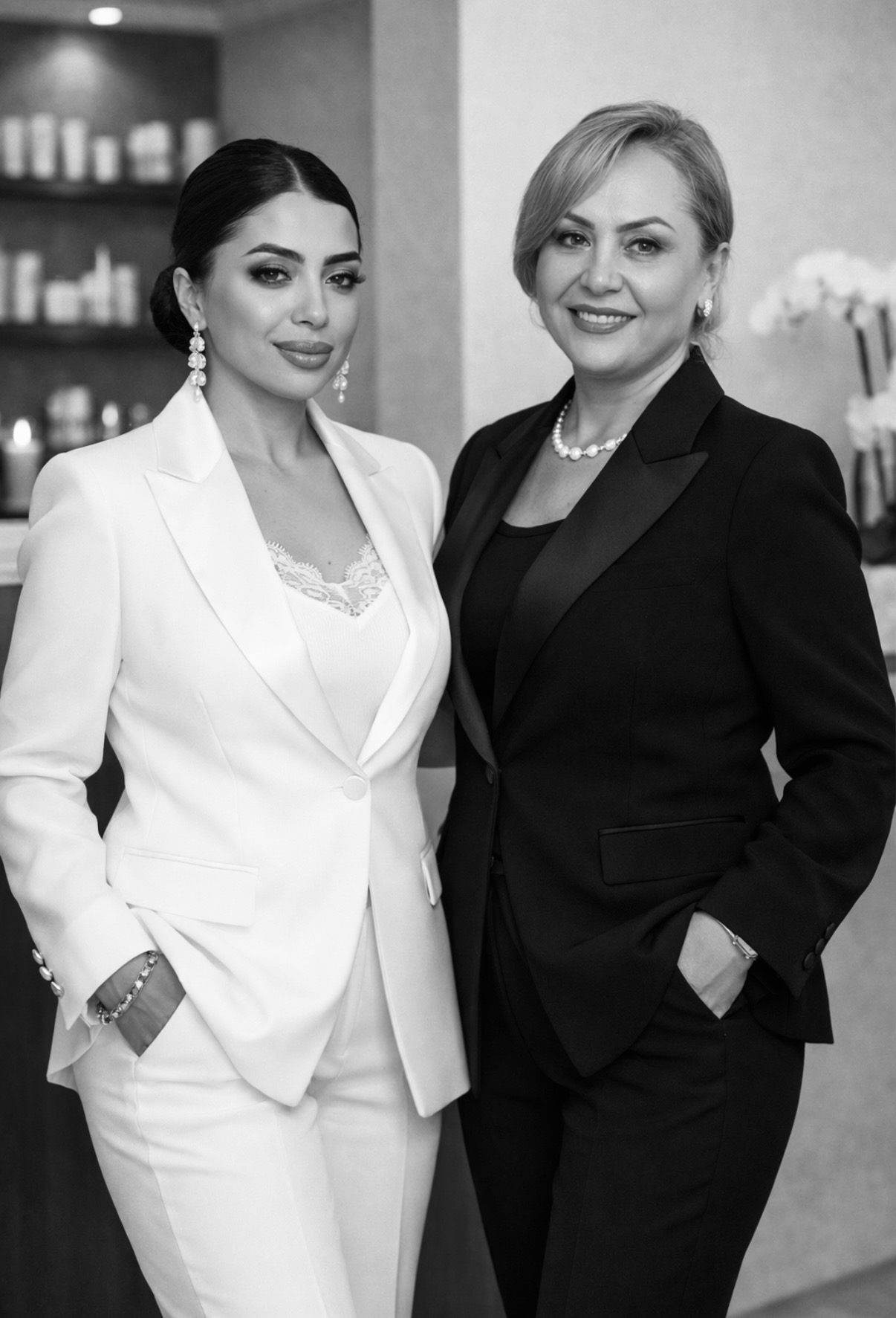 Two women in formal attire standing indoors, smiling, with shelves and a plant in the background.