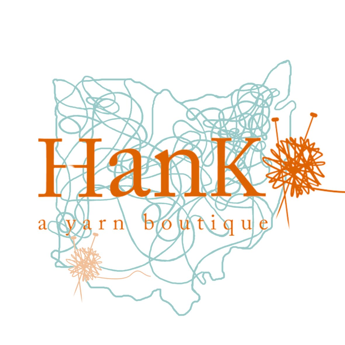 Logo with tangled yarn lines, orange text 'Hank', and smaller text 'a yarn boutique'.