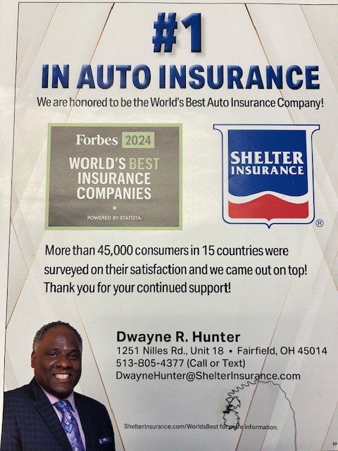 Sign promoting auto insurance with logos, a person in a suit, and contact information.