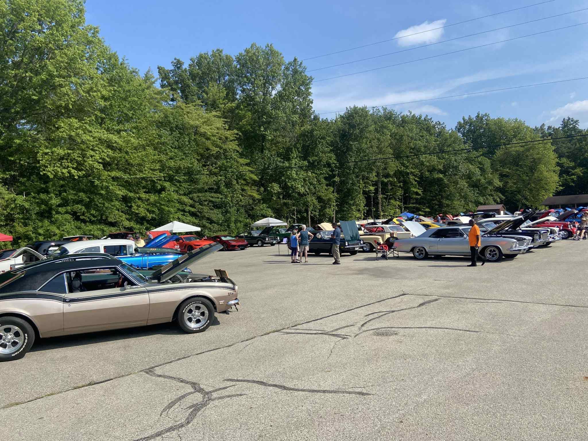 Parking lot with cars and people, surrounded by trees under a blue sky.