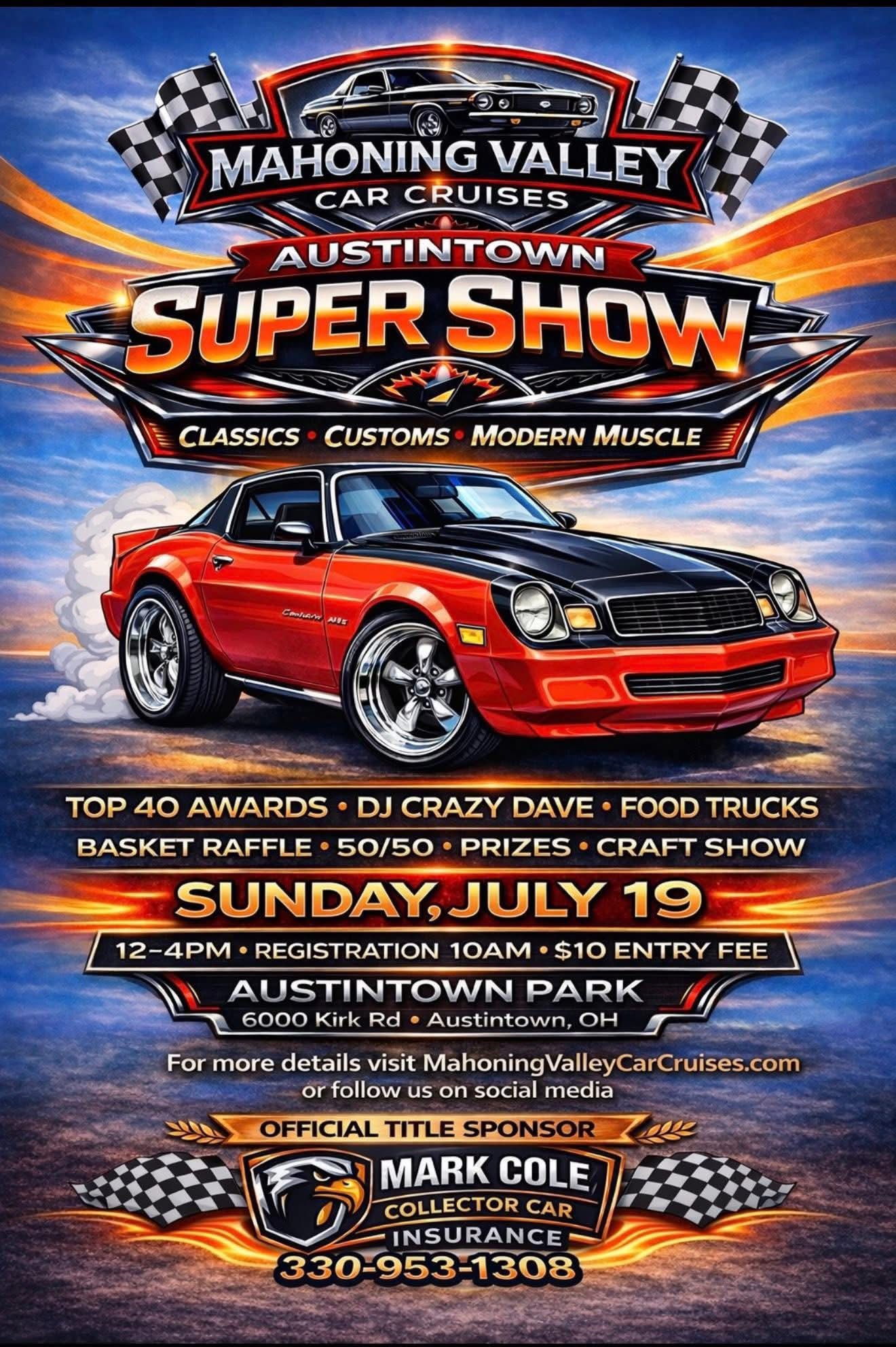 Event poster for Mahoning Valley Car Cruises Super Show featuring a red sports car, date, location, and sponsor details.