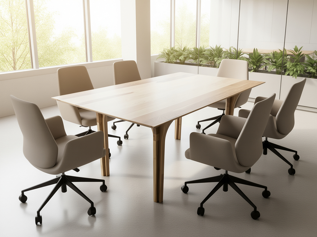 Conference room with a white table, six beige chairs, large windows, and green plants in the background.