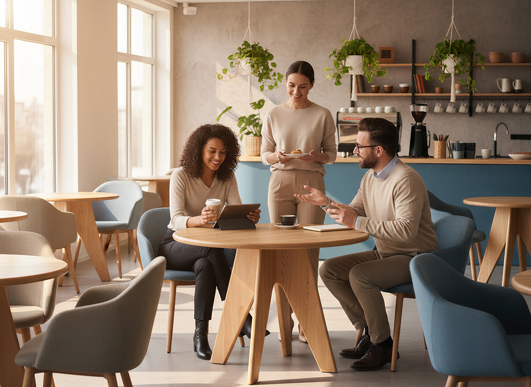 Two women and one man sit and stand around a table in a bright cafe, engaging in conversation, with plants and shelves in background.