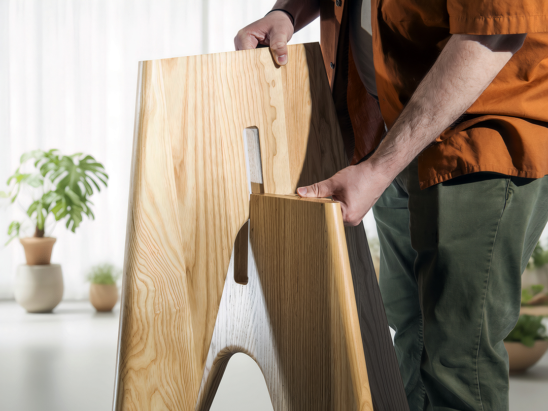 Person holding a wooden chair and a wooden board indoors, with potted plants in the background.