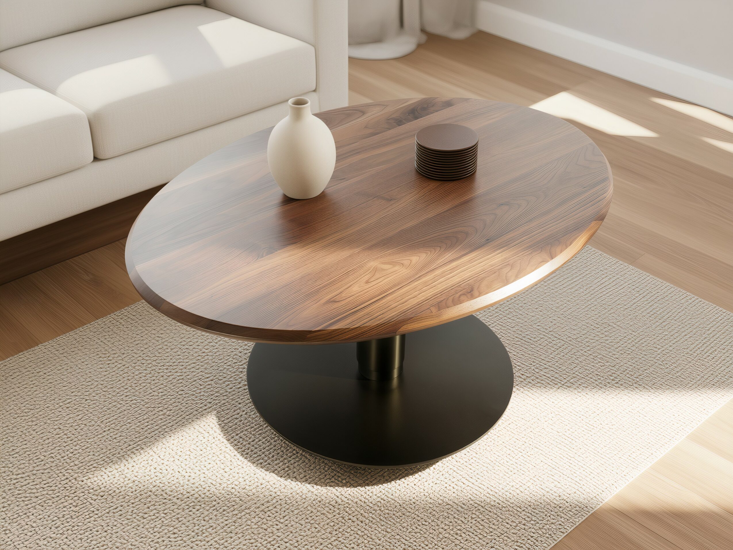 Oval wooden coffee table with two vases, one white and one black, in a bright living room with a white sofa and wooden floor.