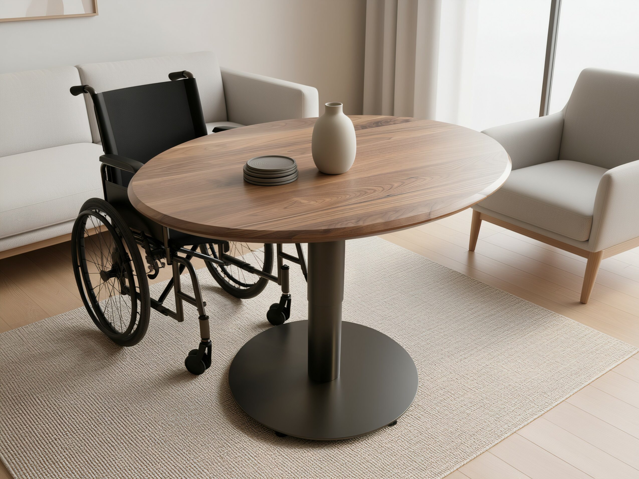 Round wooden table with vases and a small dish, surrounded by a wheelchair and sofas in a living room.