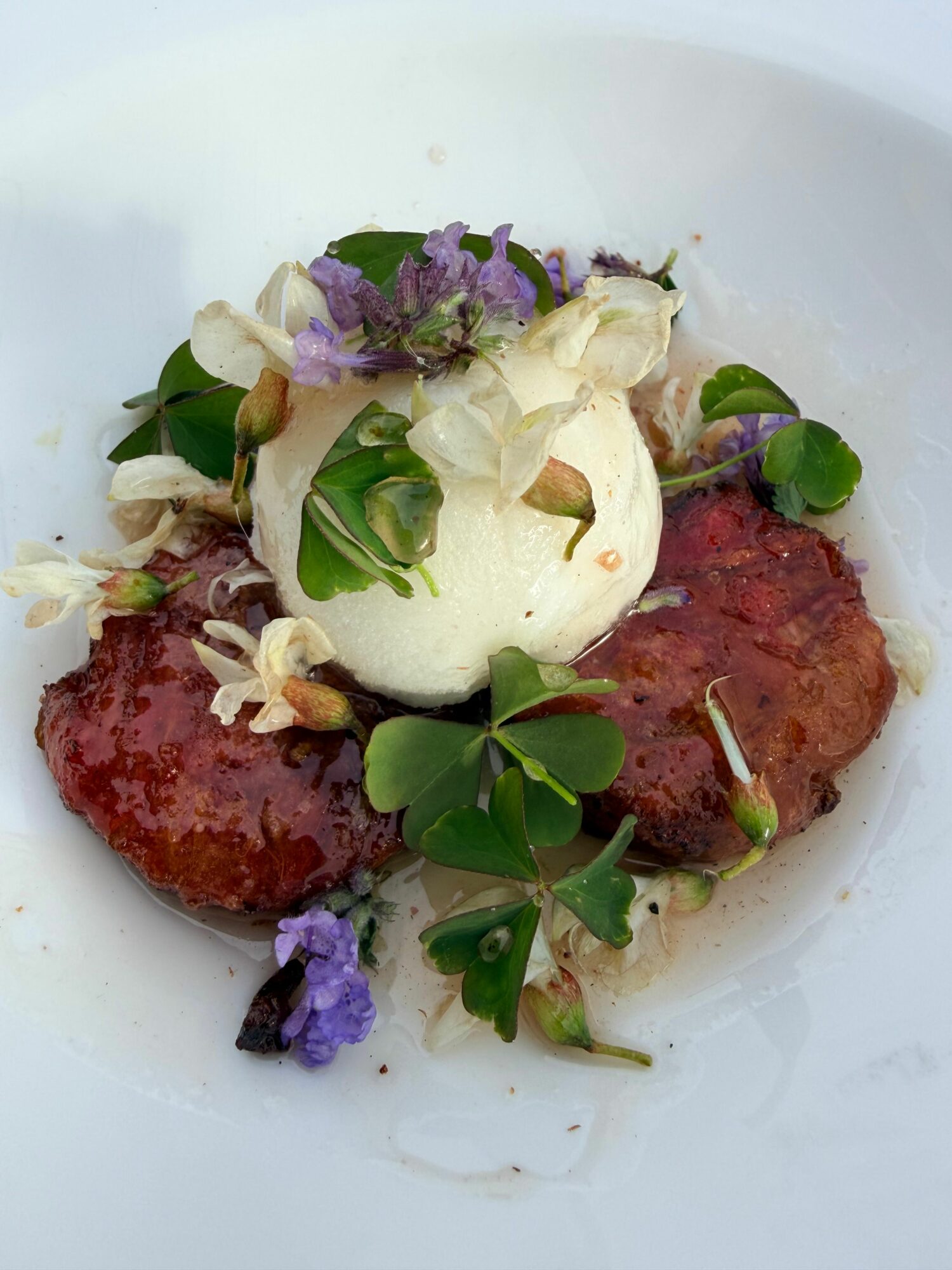 Two meatballs with herbs and sauce, served with a scoop of white sauce and garnished with edible flowers and microgreens.