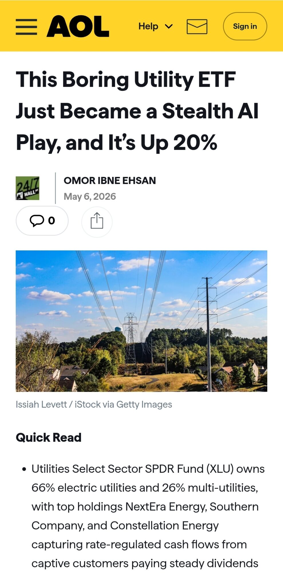 Screenshot of a webpage with a headline about utility ETF and AI, showing power lines and trees under a blue sky.