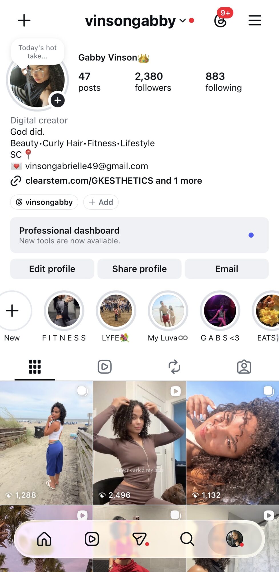 Instagram profile page showing a person, photos, and icons, with a white background and profile details.