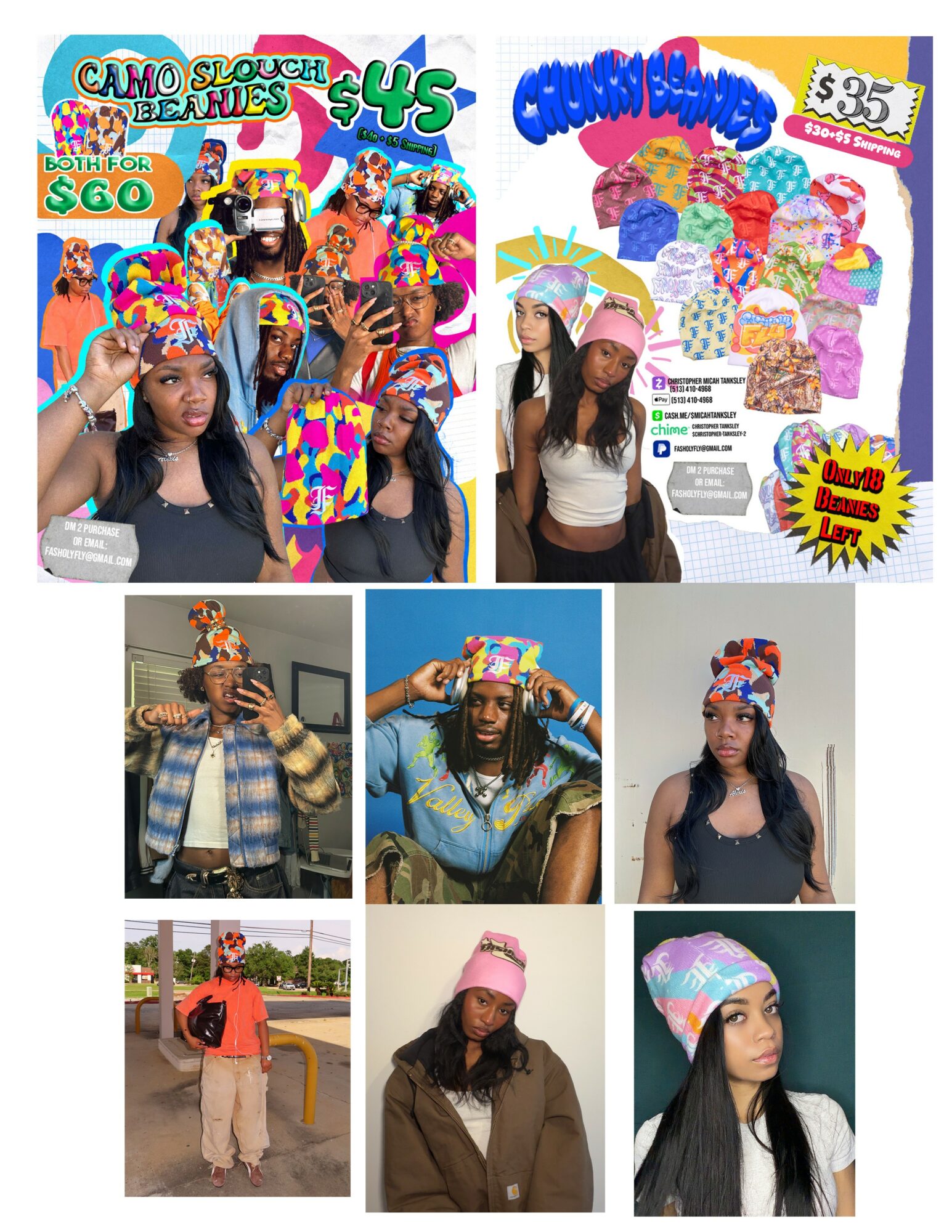 Collection of colorful hats and accessories, with women modeling and wearing various hats, some with patterns and bright colors.
