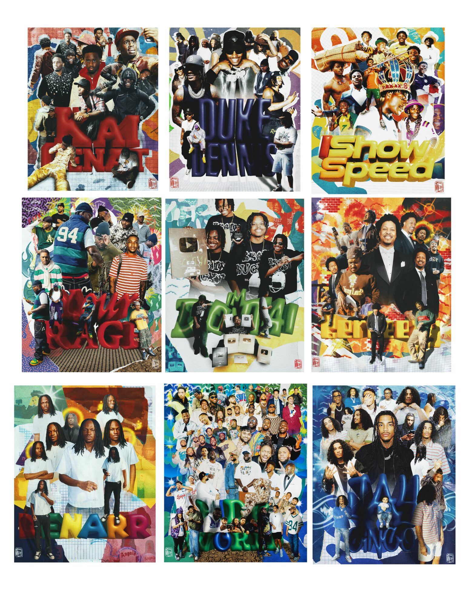 Collage of nine colorful images featuring groups of people, some with costumes, in various poses and settings.