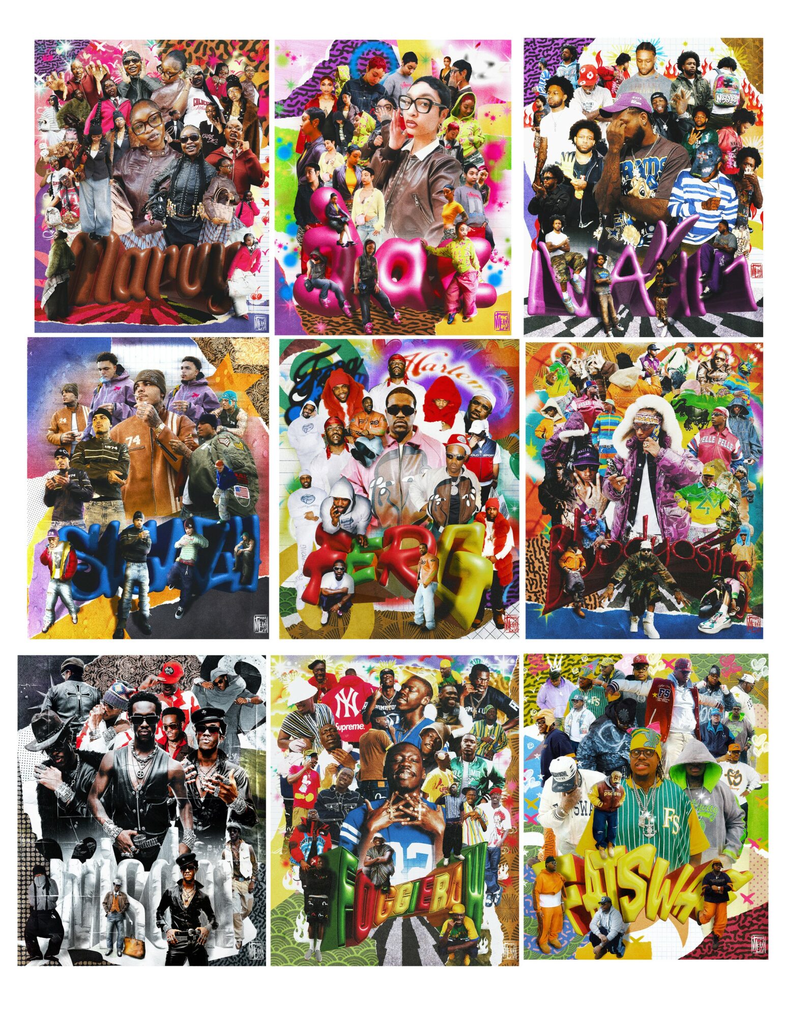 Collage of nine colorful group photos with people celebrating, wearing costumes, and festive decorations.