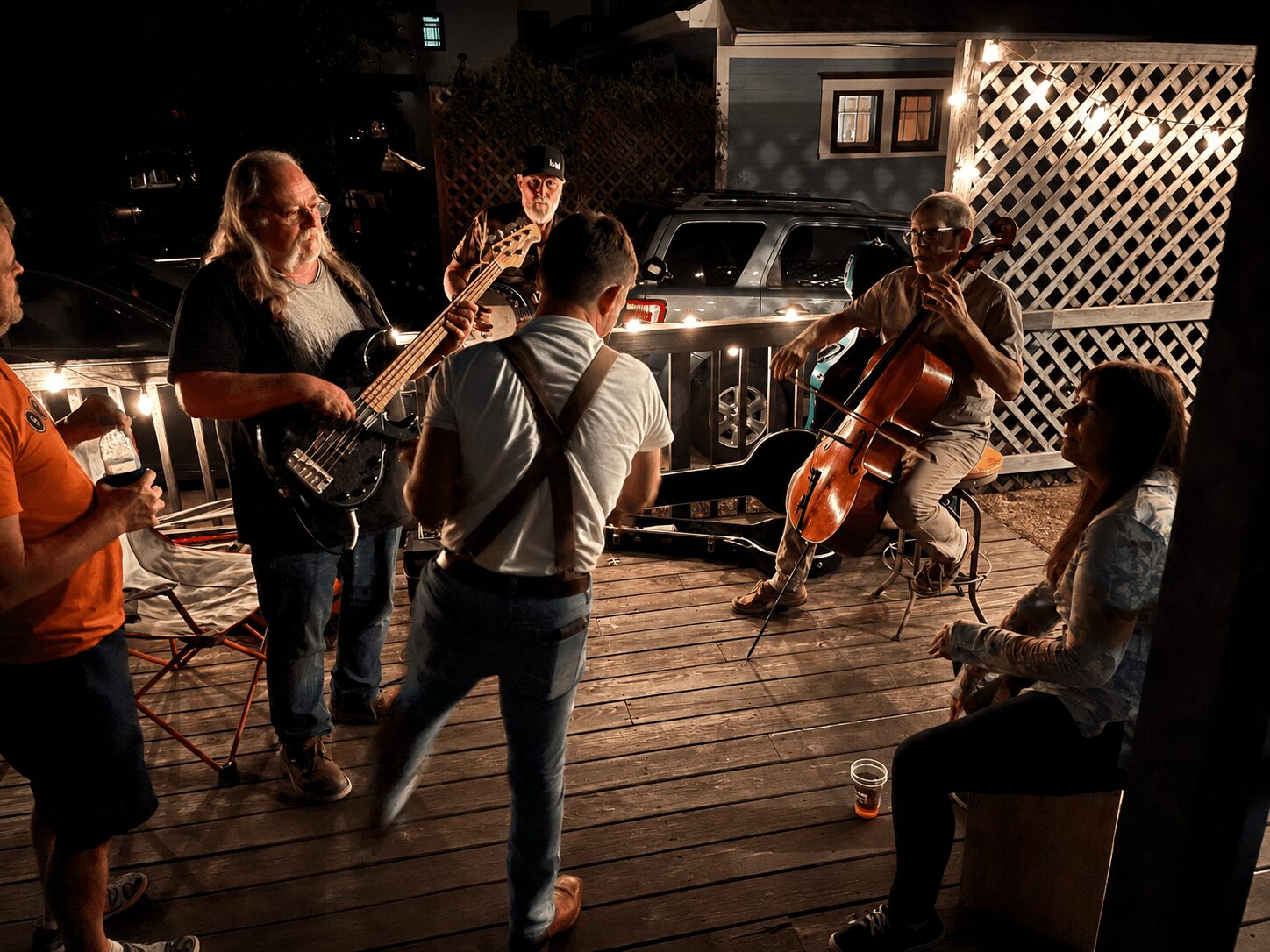Group of people playing musical instruments outdoors at night, with a woman on guitar and a man on cello, others watching.