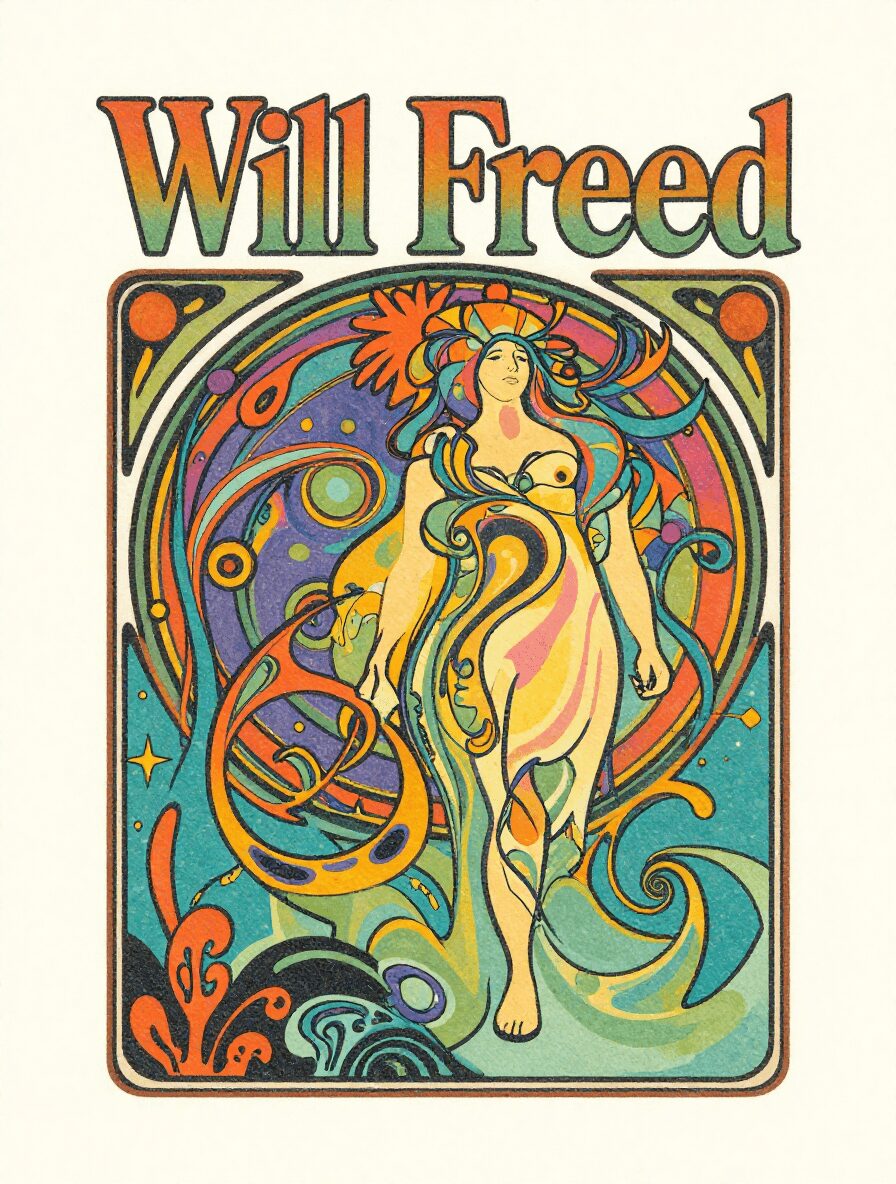 Colorful psychedelic artwork of a woman with flowing hair and a snake, with the text 'Will Freed' at top.