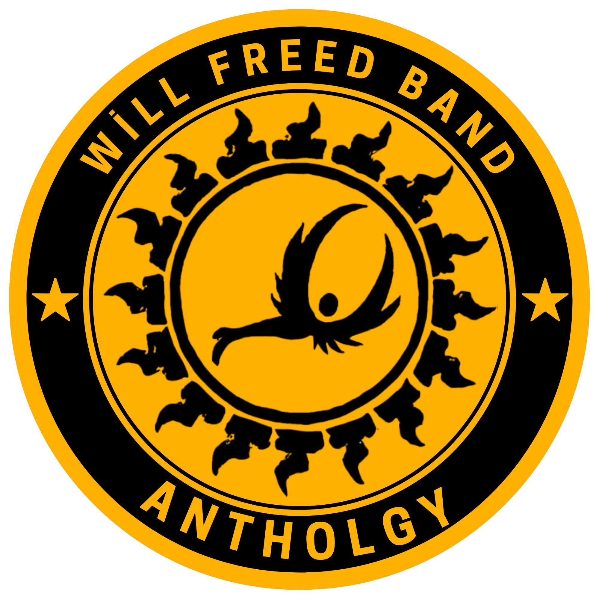 Circular logo with black and yellow colors, featuring a bird in flight and text around the edge.